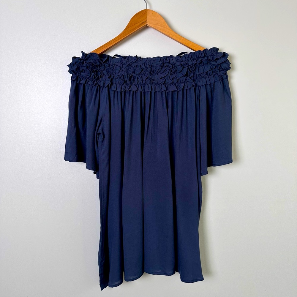 She + Sky Blue Ruffle Off Shoulder Top Shirt Blouse - Picture 9 of 10